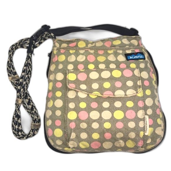 Kavu Limited Edition Tan With Pink & Yellow Polka Dot Canvas Rope Crossbody Bag - Picture 1 of 12